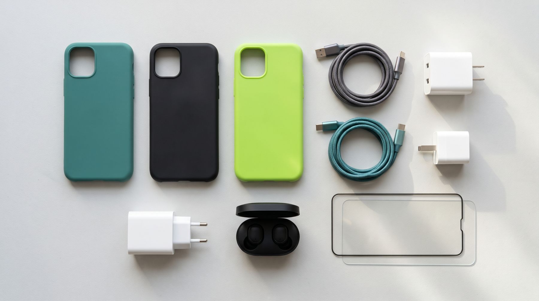 Phone cases, chargers, cables and earbuds laid out