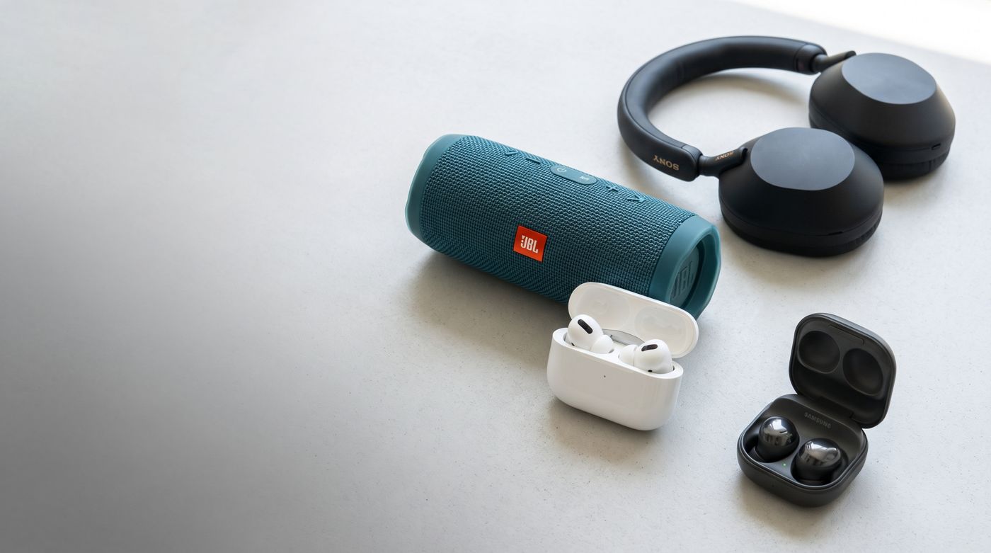 AirPods Pro, Sony headphones, JBL speaker and Galaxy Buds