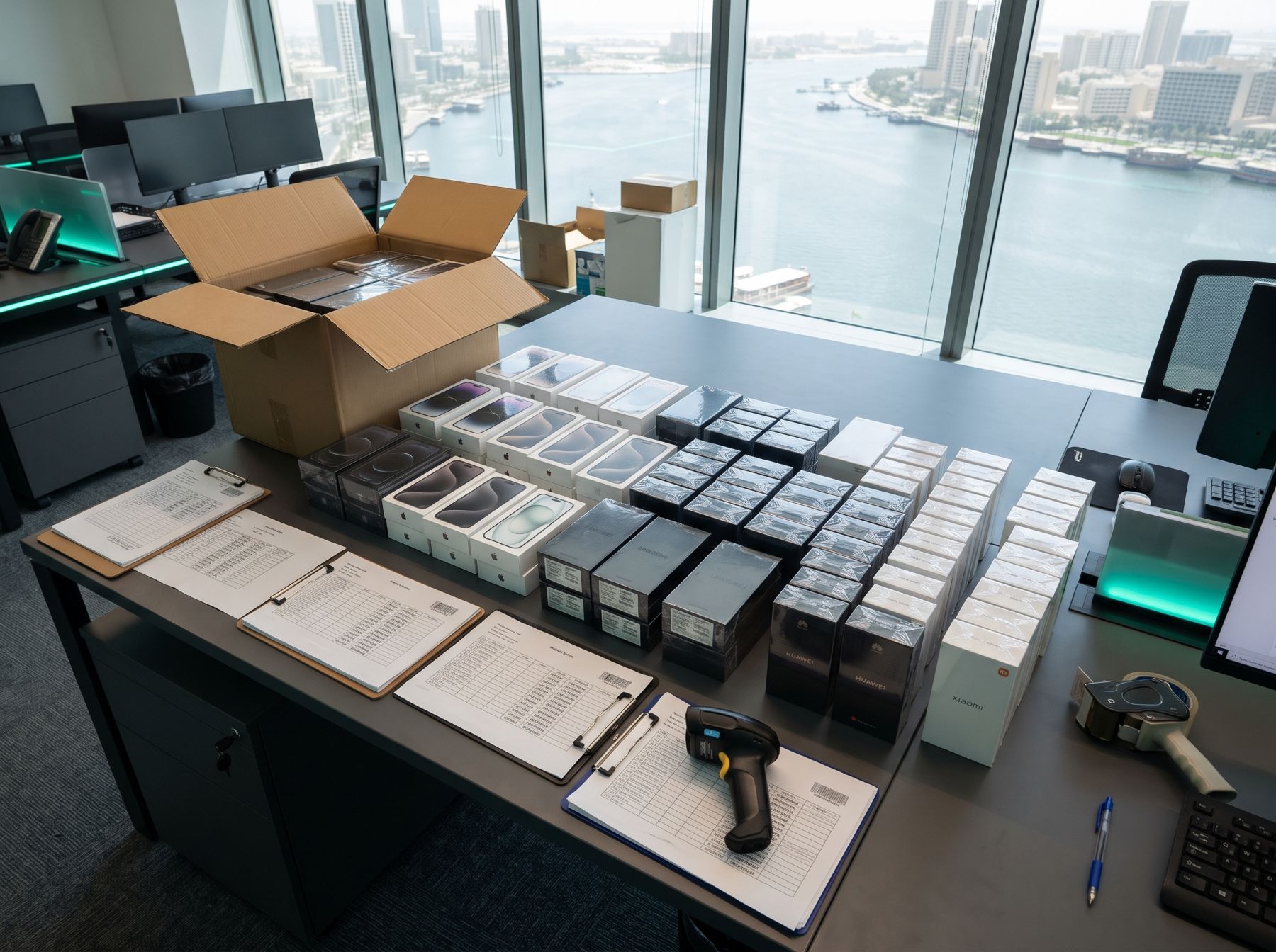 A trading desk above Dubai Creek with rows of sealed smartphone boxes ready for an order