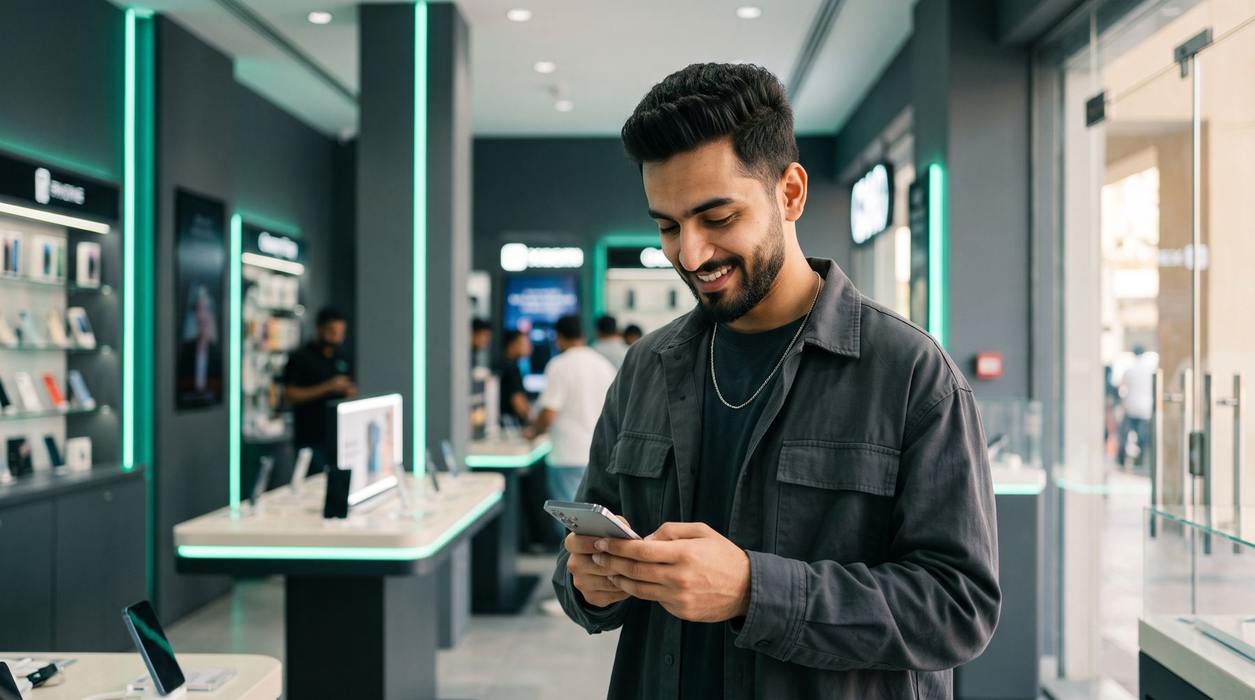 A happy customer checking his new phone inside the shop
