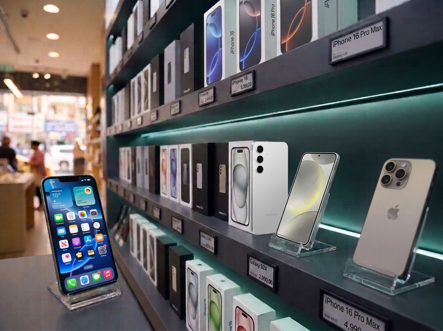Inside the shop: shelves of new phones in boxes