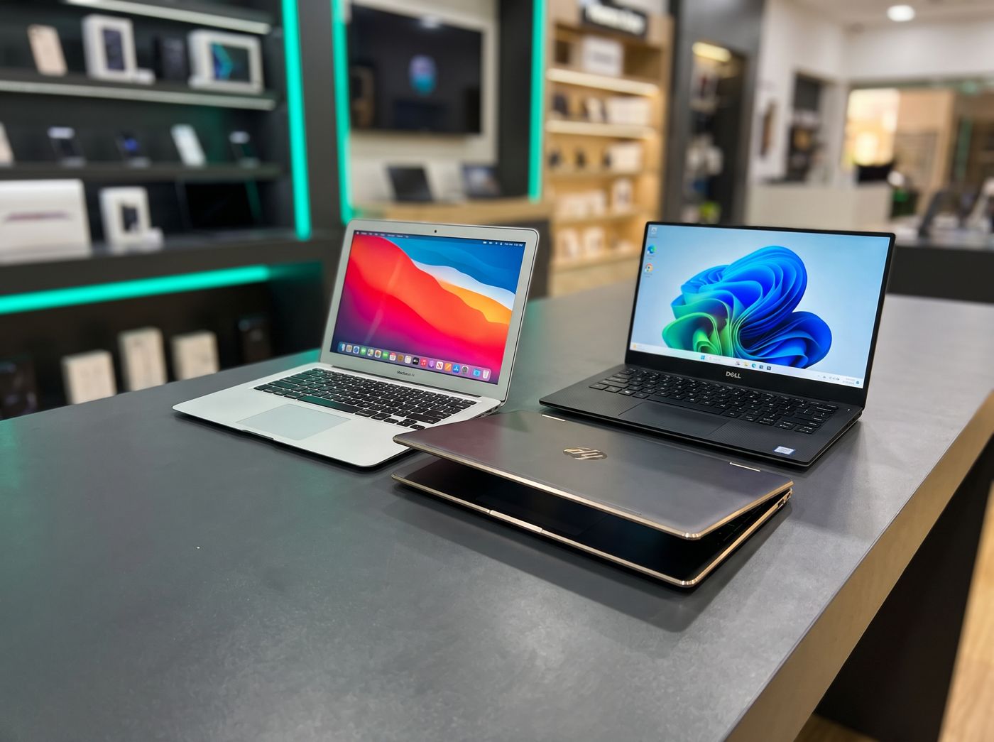 MacBook Air, Dell XPS and HP Spectre laptops on a display table