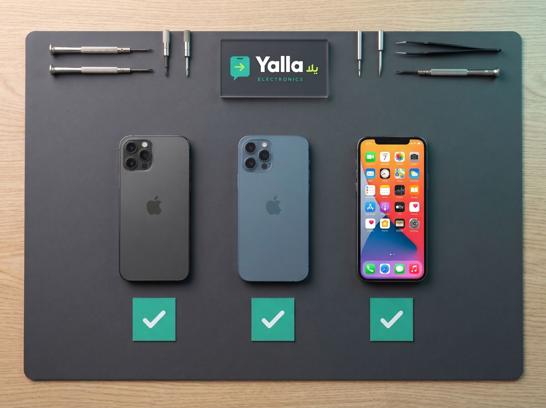 Three pre-owned phones on a Yalla testing mat, each with a green tick
