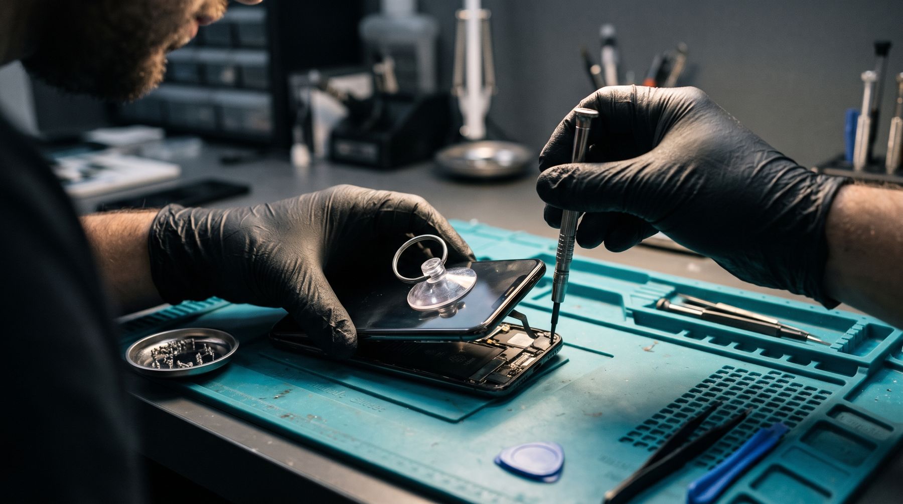 Technician opening a phone on a teal repair mat