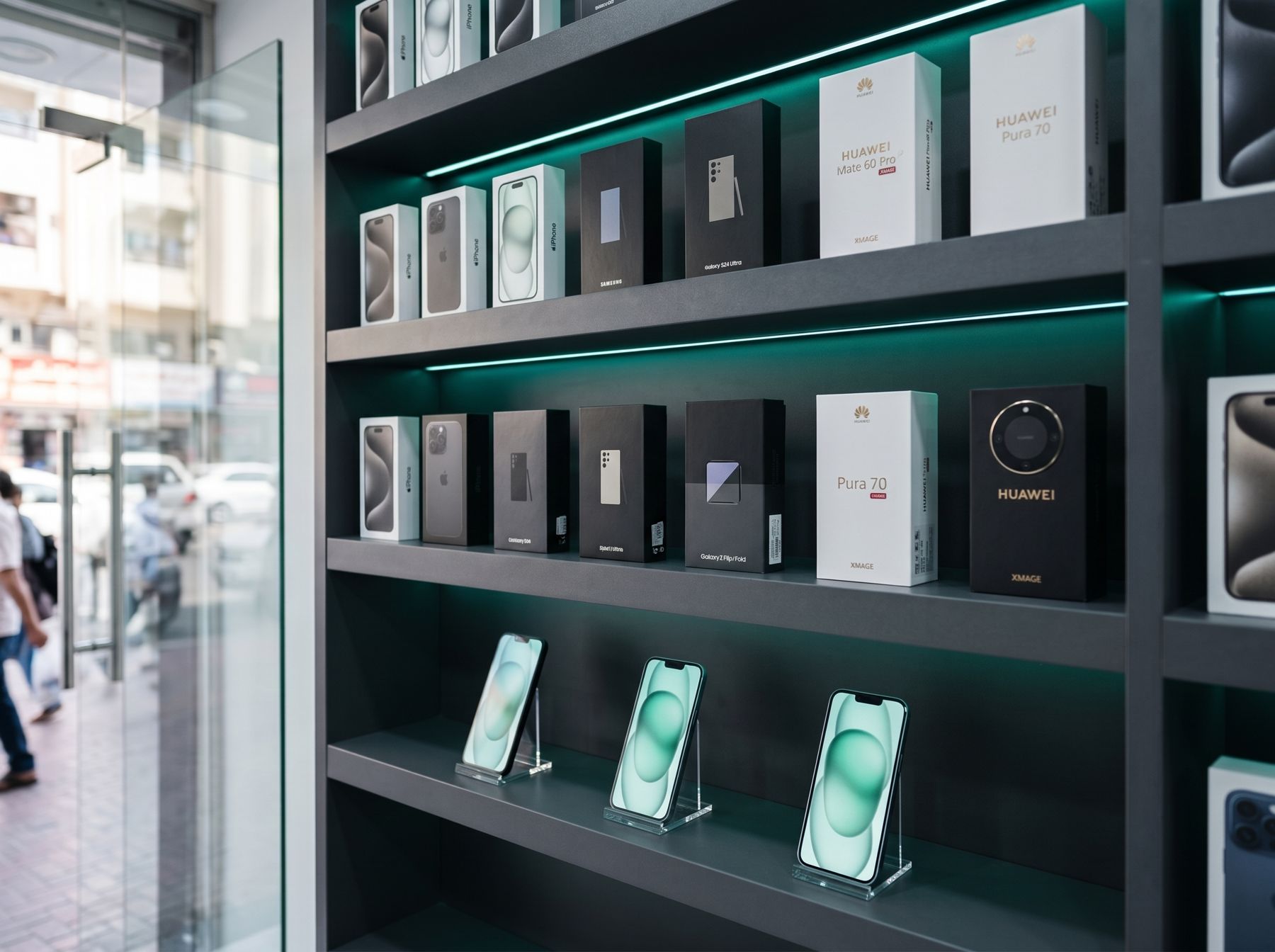 Display wall of new iPhone, Samsung Galaxy and Huawei phones in boxes
