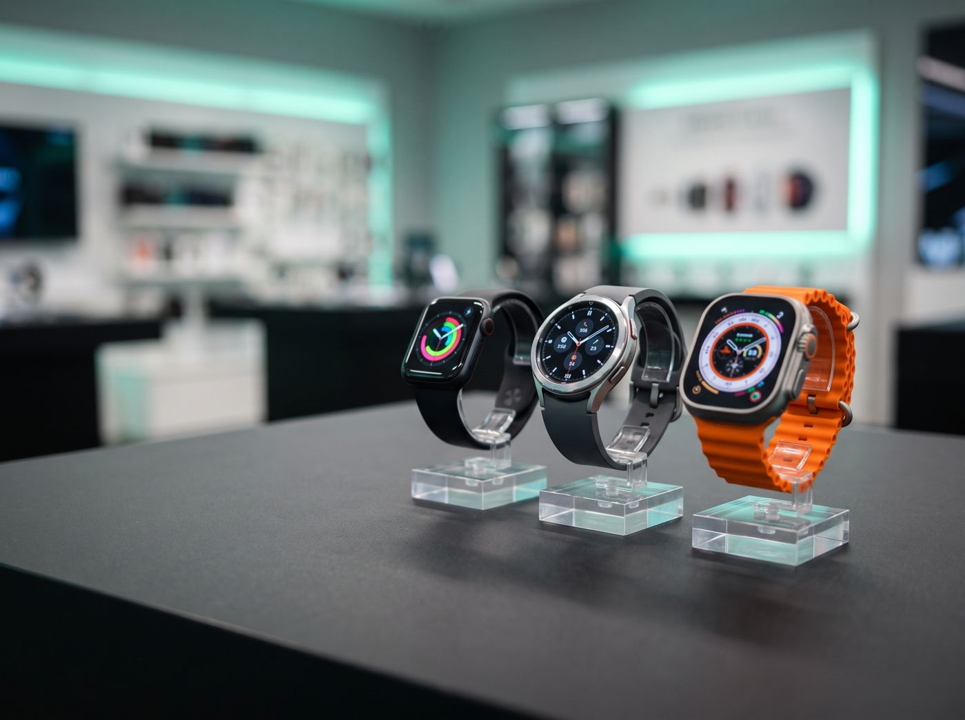 Apple Watch, Galaxy Watch and Apple Watch Ultra on stands